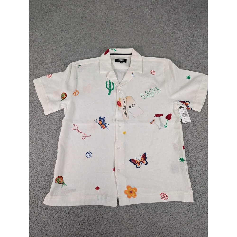 Malibu Shirt Mens Medium Ecru Textured Fabric Linen Look Embroidered Butterflies